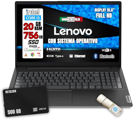 LENOVO Notebook NUOVO • CPU Intel i3 fino a 4,4ghz • Monitor 15.6 Full HD • SSD 756 GB • Ram 20GB • Ingresso LAN, HDMI, USB • Sistema operativo • USB FINGER PRINT e HARD DISK 500 GB