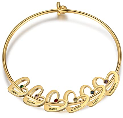 Presentimental Personalisierte Damen Armbänder mit 2-6 Namen Herz Anhänger Paar Armband Verstellbare Simulierter 12 Geburtsstein Namen Armbänder für Mutter/Tochter/Freundin(goldr#3)