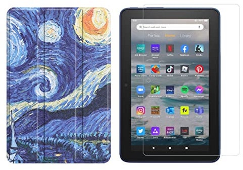 Juego de 2 en 1 para Amazon Kindle Fire 7 12. generación 2022 de 7 pulgadas con funda de tablet inteligente + cubierta protectora de vidrio templado