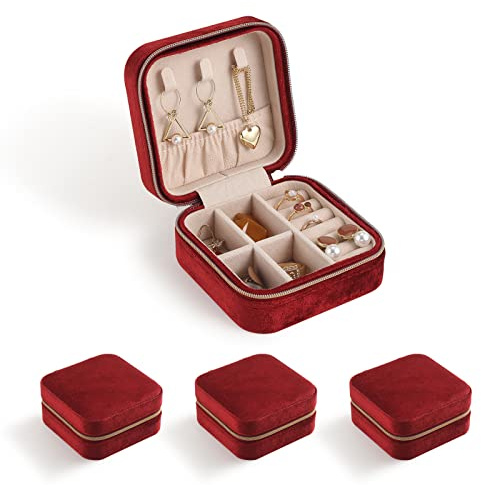 CASEGRACE Brautjungfern-Geschenk-Schmucketui, Plüsch-Samt-Schmuckschatulle, kleiner Schmuck-Organizer, Display-Ringe, Halskette, Armband, Ohrringe, rot, 3 Stück