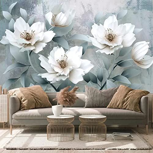 Papier Peint Panoramique Fleur Blanche Vintage Papier Peint 3D Intissé Decoration Murale Chambre Salon