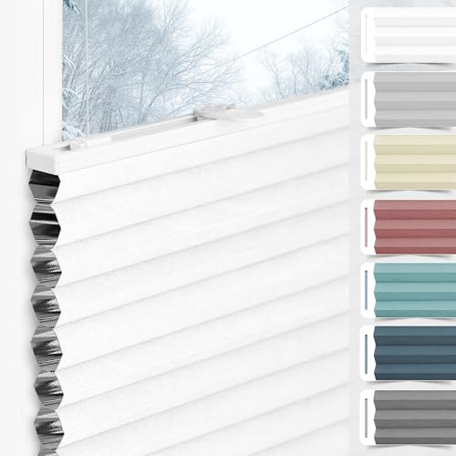 bobodeco Wabenplissee Plissee ohne Bohren Verdunkelung Klemmfix Thermo Verdunklungsplissee, Weiß-Weiß 75x110 cm(BxH), 100% Verdunkelnd & Sicht- & Schallschutz, Wärmeisolierung für Fenster & Tür