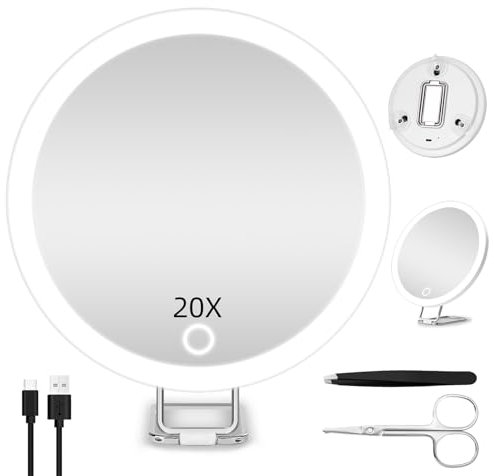 JADAZROR Miroir grossissant 20X avec éclairage, 3 Couleurs d'éclairage, Miroir de Maquillage Lumineux Rechargeable de 15 cm, Miroir de Voyage Portable grossissant 20X pour Les travaux de précision