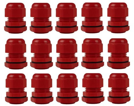 15 Pack M20 20mm IP68 Waterproof Black Cable Glands, Suitable for 6mm - 12mm Cables, Plastic Nylon Compression Glands Connectors with Locknut and Washer - AVARTEK (Red)