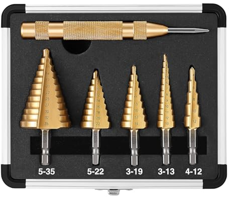 DOVAMAN 5PCS Stufenbohrer Set, 47 Größen HSS Stufenbohrer, Titanbeschichtung, Automatik-Körner, 118° X-Spitze, Aluminiumgehäuse, Stufenbohrer für Metall, Holz & Kunststoff - STD06A