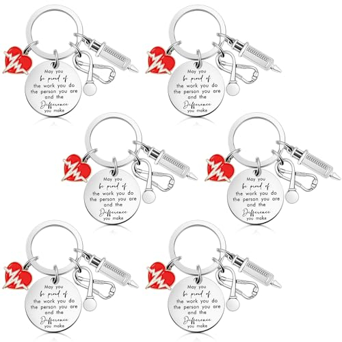 Otuuz 6 Krankenschwester Schlüsselanhänger Geschenke Edelstahl Medizinstudent Schlüsselanhänger mit Stethoskop Spritze Anhänger Arzt Krankenpflege Geschenk für Geburtstag Weihnachten (Rund)