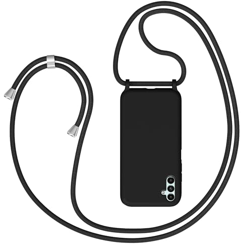 Coque pour Samsung Galalxy A14 5G avec Cordon, Collier Étui Silicone avec Tour de Cou Lanière en Corde, Réglable Amovible Lanyard, Souple Antichoc Bumper Housse, Noir