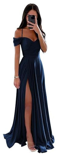 Damen Off Shoulder Satin Brautjungfernkleider Lange Spaghettiträgern Ballkleid A-Linie Formelles Abendkleid mit Schlitz