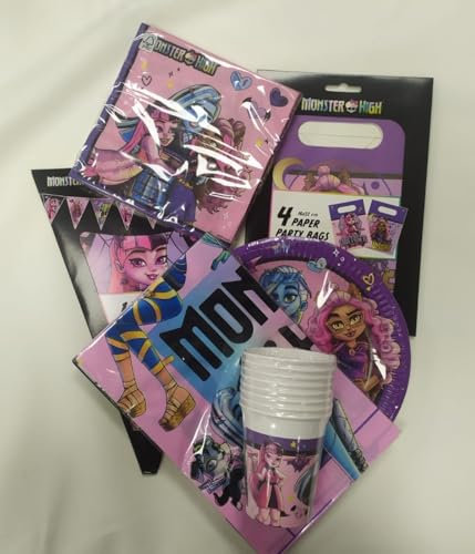 Lote de Vajilla Juvenil Monster High (32 Vasos, 32 Platos, 40 Servilletas, 2 Manteles, 1 Banderín y 32 Bolsas) .Decoración para Fiestas de Cumpleaños, Halloween, Bodas, Bautizos, Comuniones. AB