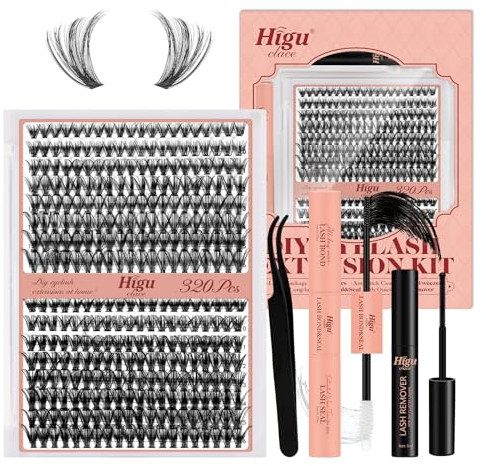 Higu clace DIY-Wimpern-Extensions-Set, 320 Stücke 30D+40D Wimpern-Einzeln-Set, Wimpern Extensions Set 7 tage halt mit Applikator und Wimpernkleber und Versiegelung (30D+40D Kit D-9-16mm)