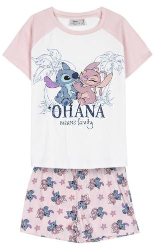 Disney Stitch Camiseta y Pantalón Corto para Niña, Pijama Algodón Suave, Stitch y Angel Conjunto 2 Piezas Verano, Talla 8 Años | Rosa
