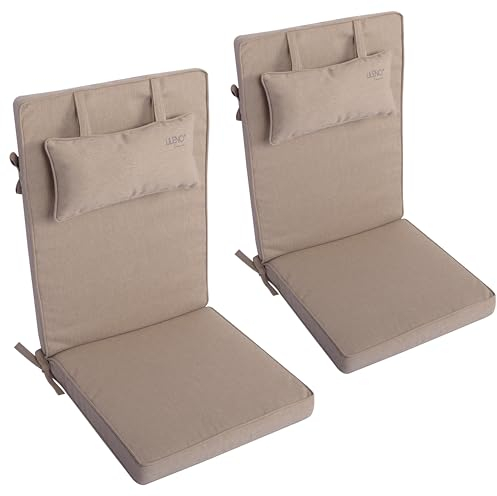 LILENO HOME Gartenstuhl Auflagen mit Kopfkissen [2er Set - Hochlehner] in Taupe - Sitzauflagen für Gartenmöbel - Stuhlkissen für Gartenstühle und Klappstühle Dub