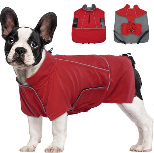 Katzinst Hundejacke Wasserdichter, Warmer Hundemantel für Große Hunde, Leichte & Fleece Hundemantel, Hundejacke mit Reflektierender Streifen, Regentag, Border Collie Cheng Rot 2XL