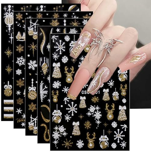 JMEOWIO 8 Sheets Christmas Glitter Nail Art Stickers Decals Self-Adhesive Snowflake Winter Holiday Cute Nail Supplies Nail Art Design Decoration Accessories