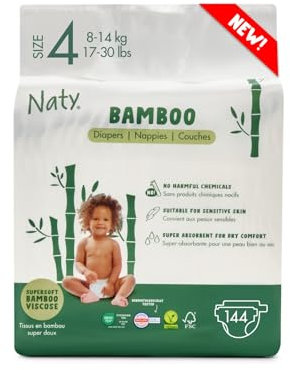 Naty Bamboo - Pannolini per Bambini in Viscosa di Bambù – Morbidezza e tocco setoso, Pannolini a base vegetale, Dermatologicamente testati per pelli sensibili e super assorbenti (Taglia 4, 144 pezzi)