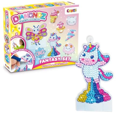 DIAMONDZ CRYSTAL PAINTING Starter Set Fantasy - Diamond Painting Kinder Aufkleber & Sonnenfänger Set, DIY Diamant Malerei Bastelset, Mosaikherstellung für Kinder