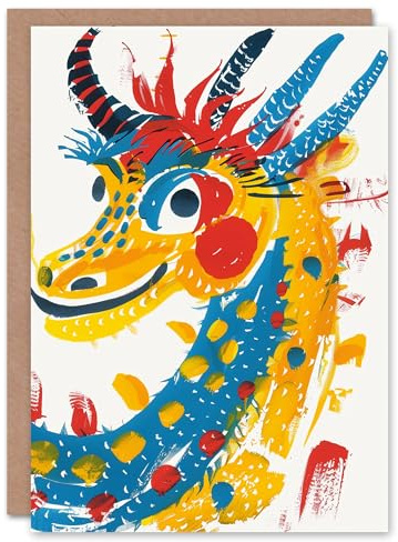 Artery8 Chinese Dragon Yellow Blue Red Paint Sketch Blank For Him Or Her Art Birthday Card