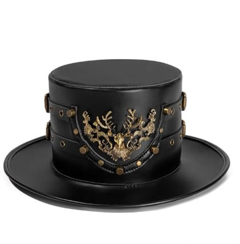 Wudaizhi Pu-Leder Gewölbter Magischer Hut, Steampunk-partykappe, Schwarze Flache Bowler-mütze, Klassischer Kostümhut, Vintage-Gentleman-Hut