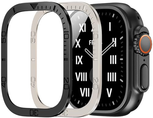 Protectores de Pantalla para Apple Watch Ultra de 49mm, Vidrio Templado 9h Marco de AleacióN de Titanio, Mantiene el Original, Sensible al Tacto，PelíCula Protectora Ligera Apple Ultra 2 (plata+negro)