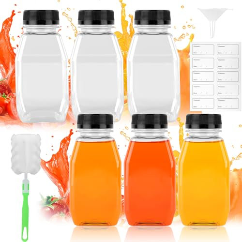 6 Pack 9.5oz/280ml Mini Fridge Bottles, Juice Bottles with Lids Funnel Brush Stickers, Leak-Proof and Reusable, Small Shot Bottle with Lids, Empty Plastic Bottle for Milk, Fruit Juices Water Beverages