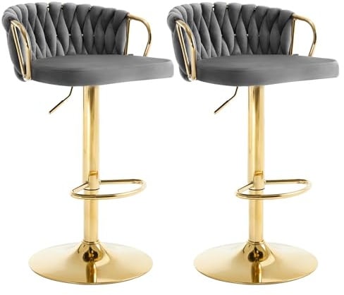 WOLTU Barhocker 2er Set, mit geflochtener Lehne, Samtstuhl, Dunkelgrau | Barstuhl höhenverstellbar, 360° drehbar, Küchenhocker mit Fußstütze, Metallrahmen, für Küche Hausbar
