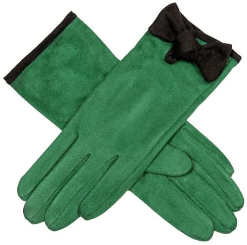 Dents Womens Velour Lined Faux Suede Bow Gloves - Emerald Green/Black