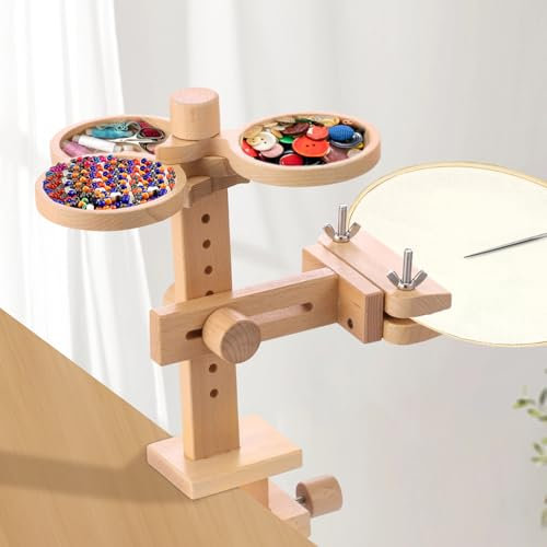 Embroidery Hoop Stand with 3 Storage Trays Adjustable Embroidery Frame Table Stand Wood Embroidery Hoop Holder Embroidery Hoop Clamp for Cross Stitch Sewing Arts Crafts Needlework