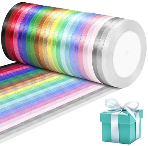 GENHH 24 Rollen Satinband Bänder 22.8m x 6mm Geschenkband Schleifenband Satinbänder Bunt Seidenband Polyester Satinband für DIY Geschenk Verpacken Hochzeit Dekoration Weihnachten