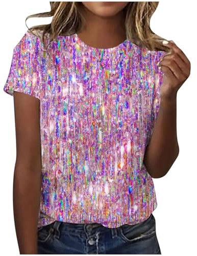 Camicette da donna con paillette, top da donna, per feste, abbigliamento da donna, top sexy da donna, top con glitter, Lilla, XL