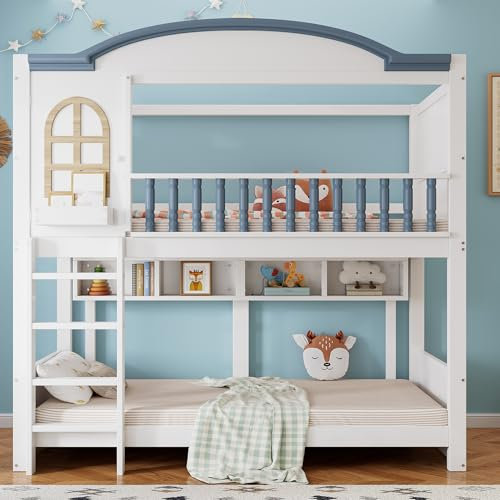 Dolamaní Etagenbett & Hausbett 90x200cm 2 Kinder Bett, Mit Dach und Fenster, Offenes Regal, Sicherheits Leiter (Weiß+Blau C)