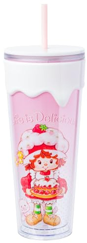 Silver Buffalo Strawberry Shortcake Vintage Life is Delicious 26oz Plastic Drip Tumbler with Lid and Straw
