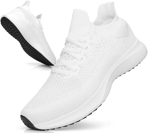 Giniros Trainers Running Shoes Mens Flat Mesh Sneakers Casual Athletic Comfortable Slip on Tennis Breathable Lightweight Walking Gym Fitness Tennis Outdoor White 8UK