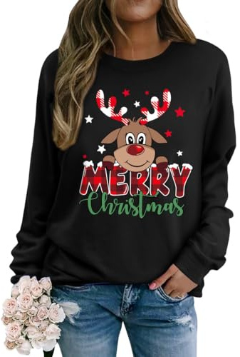 Yihelian Damen Weihnachtspullover Baumwolle Rentier Sweatshirt | Baumwollmischung mit Fleece,Festliches Oberteil,süßes Rentier-Motiv, ideal für Weihnachtsmarkt & Nikolausgeschenk