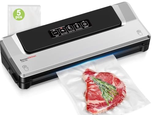 Bonsenkitchen Vacuum Sealer, 4 Modes, Multi-Functional, Accessoes Include | Globefish Technology for High-Speed Continuous Working, Includes 5 Vacuum Bags, Ideal for Sous Vide and Food Stay (Silver)