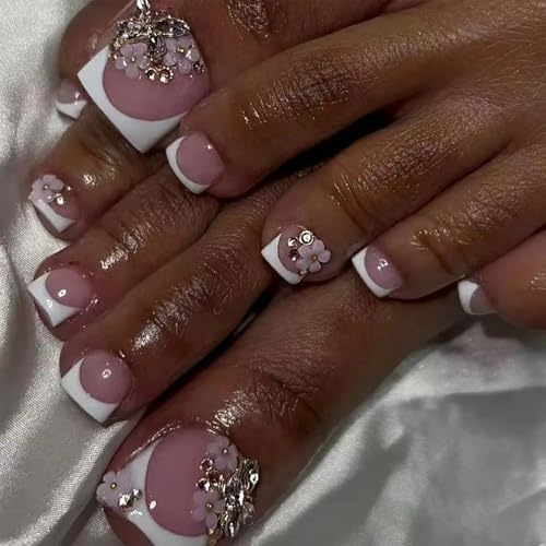 24Pcs French Toe Nails, Stick On Toenails With Glue, Elegant Short Square False Toenails Featuring 3D Floral Butterflies & Pink White French Tips, Acrylic Full Cover Press On Toe Nails Art Set