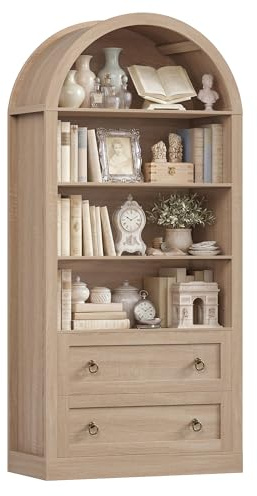 FirFurd Bücherregal mit Schublade, Vitrinenschrank, Gewölbter Bücherschrank | Bücherregal, Mehrzweckschrank, Vitrinenschrank, Hochschrank, Schrank für Wohnzimmer, Arbeitszimmer, Küche 177x79x36cm eiche