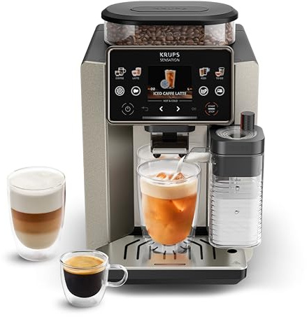 KRUPS Sensation Elite Hot&Cold, Cafetera Superautomática, Plata | 24 Recetas, Jarra de Leche, Milk Maestro, Cold Brew Aroma, Pantalla táctil intuitiva, 4 perfiles personalizables, EA917E