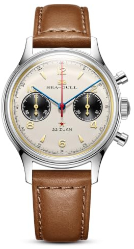 SEA-GULL 1963 ST1901 Herren Mechanische Armbanduhr Chronograph Handaufzug Aurora Serie Luftfahrt Pilotenuhren mit Saphirglas Lederband 5ATM Wasserdicht Stoppuhr für Männer