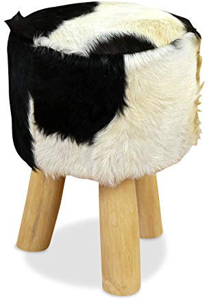 livasia Ziegenfellhocker mit Teakholz, Sitzhocker, Beistellhocker (Ziegenfell - Schwarz - Weiß)