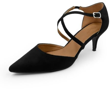 Fashion Thirsty Womens Court Shoes Ankle Strap Low Kitten Heel Shoes Ladies Comfort Plus Large Size Wedding Evening Party Classic Work Shoes Black Faux Suede