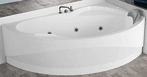 Baignoire jacuzzi d'angle Angle courbe asymétrique Novellini Vogue Hydro désinfection 150x85 165x85 H55 cm colonne Robinetterie droite Panneau avant Whirlpool Télécommande Appui-tête châssis blanc