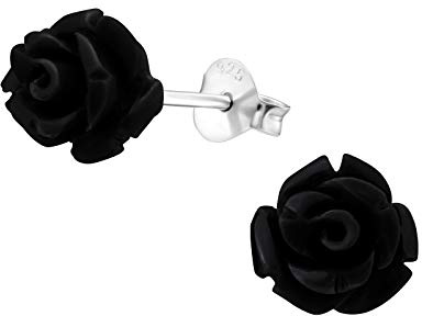 Bungsa Damen-Ohrstecker Rosenblüte aus .925 Sterling Silber - Schwarze Blüte