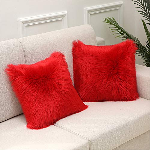 Martin Kench 2PCS Kissenbezug Kunstfell Reißverschluss Kissenhülle Kissenbezüge Fellkissen Sofakissen Fell Bezüge Kissen Hülle Sofa Deko Hüllen (Rot,50 * 50cm)