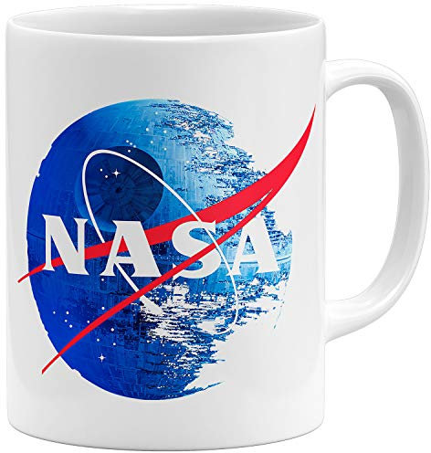 OM3® Empire Death Star Kaffee-Tasse NASA Style Logo - Keramik Becher - 11oz 325ml - Beidseitig Bedruckt - Weiss