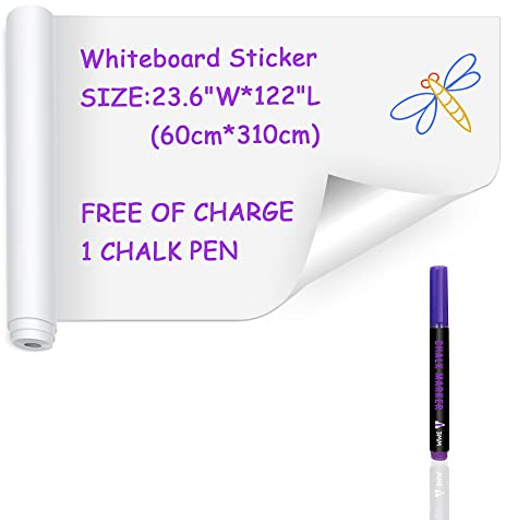 Ezigoo Selbstklebende Whiteboard Aufkleber,Whiteboard-Folie Wandaufkleber 60 x 310cm, Memotafel Abziehbare Tapetenaufkleber fürs Büro, Zuhause und die Schule mit 1 Kreidestift