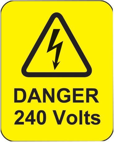 Etiketten, Danger 240V, Sav, (100), Außenhöhe 50mm, Außenbreite 40mm, Schildfarbe schwarz auf gelb, Schild Legende Gefahr 240 Volt, Schild Material Vinyl, Schild Typ Gefahr, Persönlicher Schutz & S