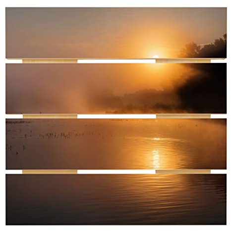 Bilderwelten Holzbild - Sonnenaufgang am See mit Rehen im Nebel Quadrat 48cm x 48cm