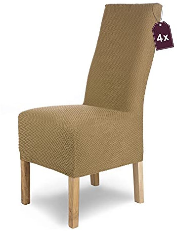 SCHEFFLER-Home Stuhlhussen Stretch Luna-Lang/Stuhlüberzug 4er Set Beige/elastische Flanell Stuhlabdeckungen/Stuhlhussen Schwingstühle/Spann-Bezug Stuhl Überwurf als eleganter Schonbezug