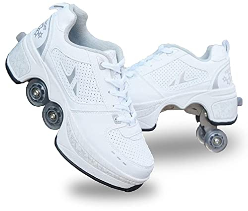 JTKDL Rollschuh Roller Skates Lauflernschuhe, Sneakers, 2in1 Mehrzweckschuhe Schuhe mit Rollen Skateboardschuhe,Inline-Skate,Verstellbare Quad-Rollschuh Stiefel,Sliver-EU31/UK12.5