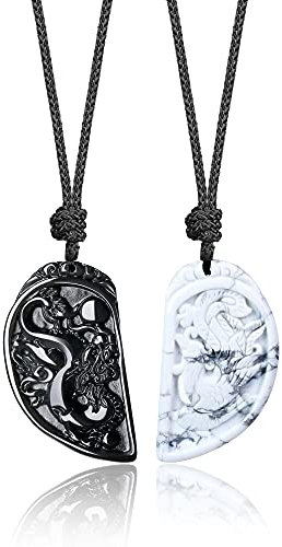 COAI Geschenkideen Glücksketten aus Obsidian und Howlith Drachen und Phönix Gravur Anhänger Ying und Yang Ketten